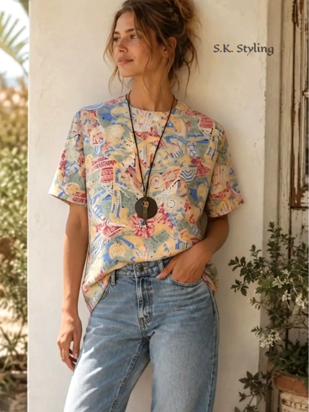 Vintage 80's-90's Renaissance Retro Pastel Watercolor Art Flowy Blouse size M/P